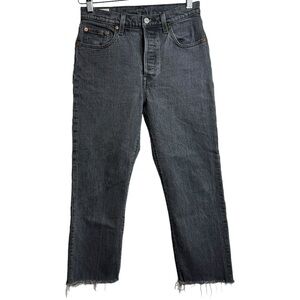 Levis 501 High Rise Straight Leg Faded Black Denim Raw Cut Off Hem Jeans 25